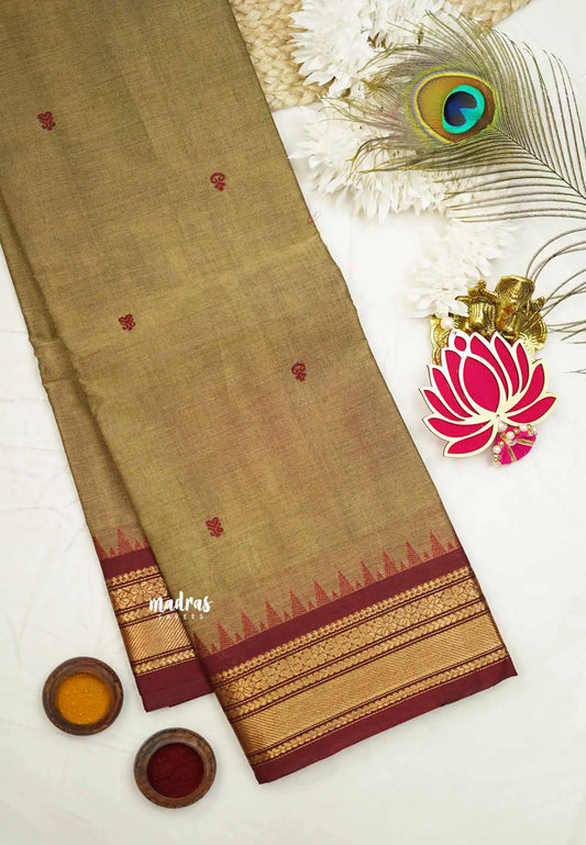 Karthigai silk cotton Bavanji border with temple - Khaki