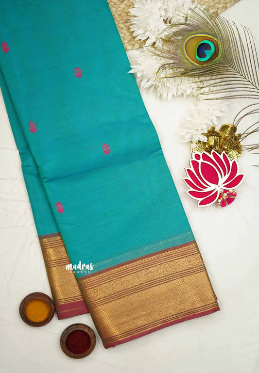 Karthigai silk cotton Bavanji border - Teal blue