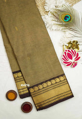 Karthigai silk cotton small border with mango and rudraksham - Khaki color