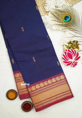 Karthigai silk cotton small border with mango and rudraksham - MS Blue