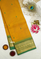 Karthigai silk cotton small border with mango and temple weaving - Mustard yellow