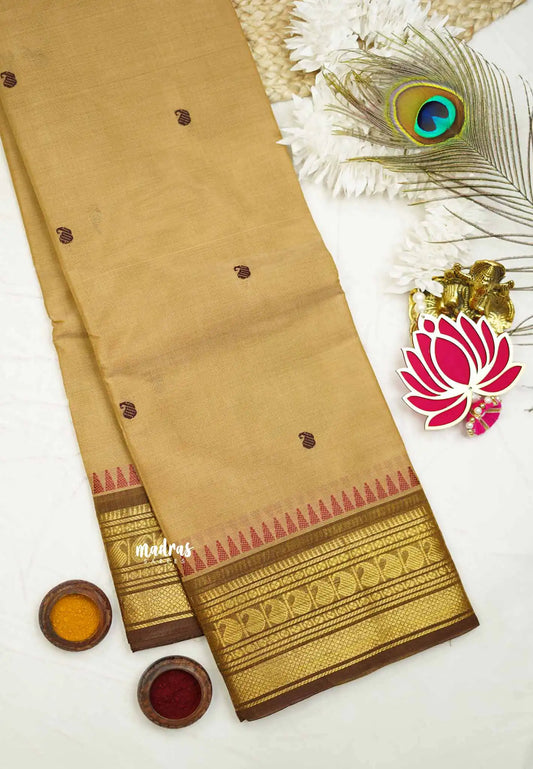 Karthigai silk cotton small border with mango and temple weaving - Wheat brown