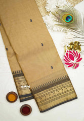 Karthigai silk cotton small border with mango and temple weaving - Mild brown with grey border