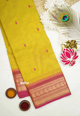 Karthigai silk cotton small border with mango and temple weaving - Lemon green