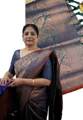 Semi Soft silk saree with mango motif Dual shade Peacock Blue - Kanimozhi