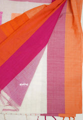 Thaara - 100 count khadi cotton with half anf half checks border - white with orange pink