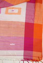 Thaara - 100 count khadi cotton with half anf half checks border - white with orange pink