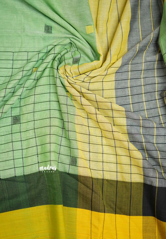 Thaara - 100 count khadi cotton with half anf half checks border - Apple green