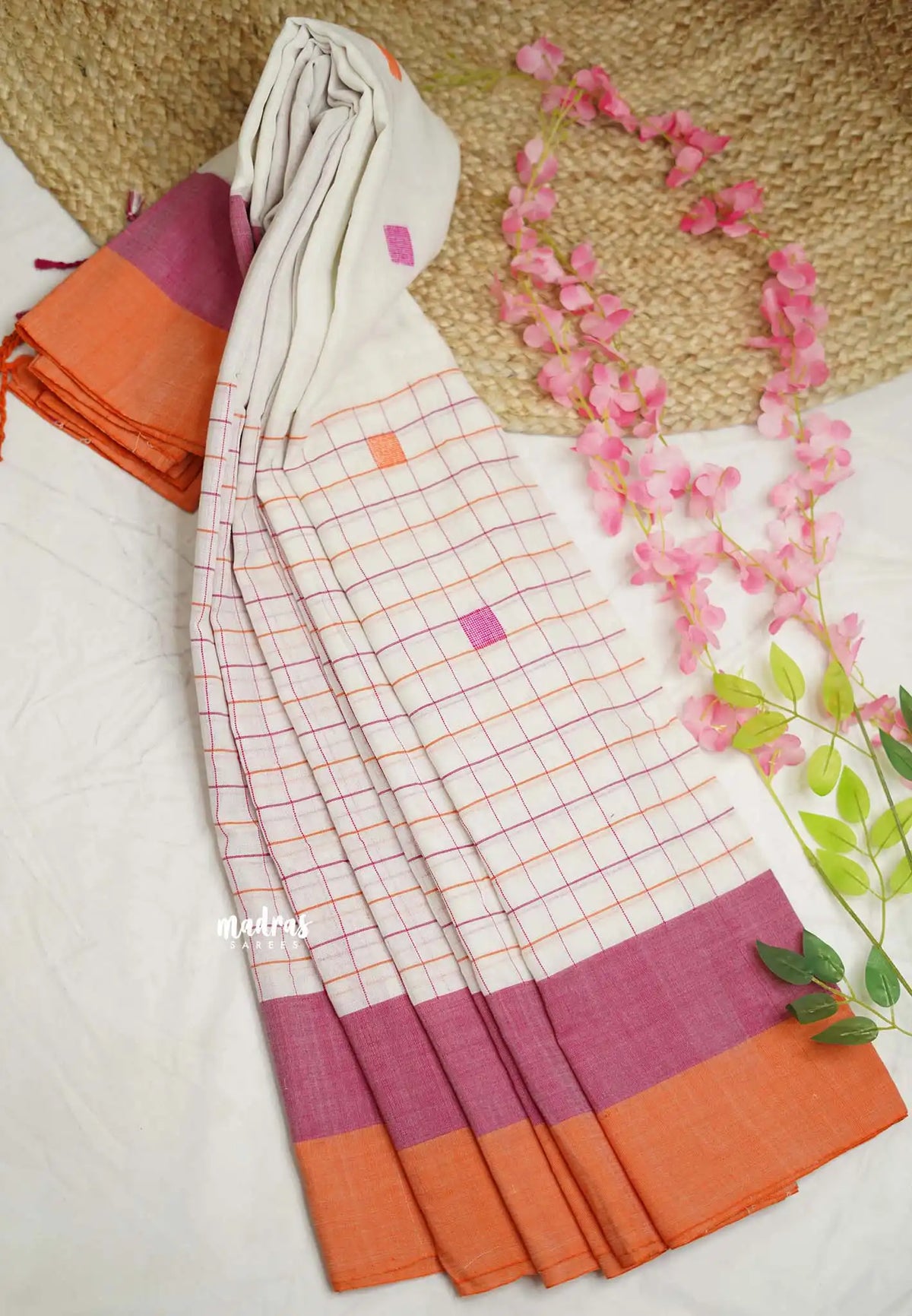 Thaara - 100 count khadi cotton with half anf half checks border - white with orange pink