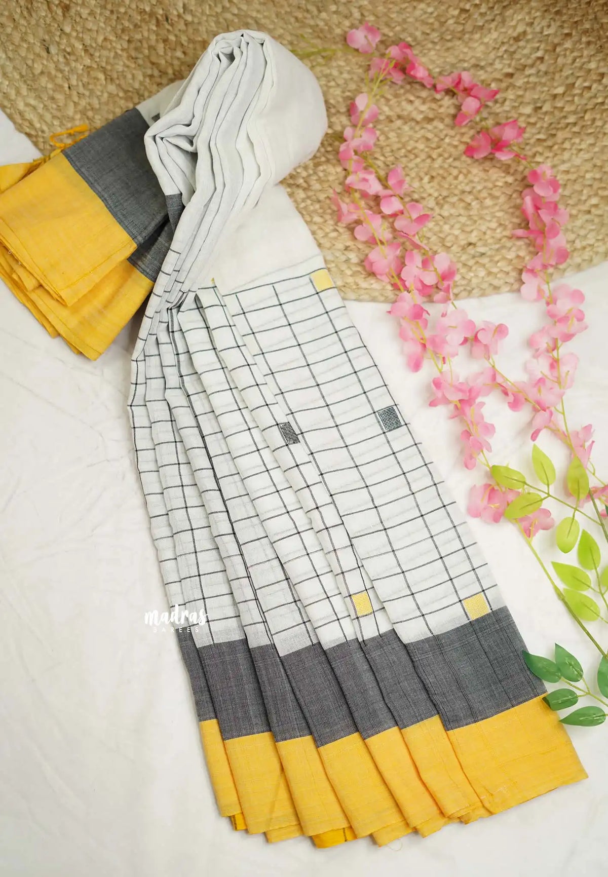 Thaara - 100 count khadi cotton with half anf half checks border - white with yellow