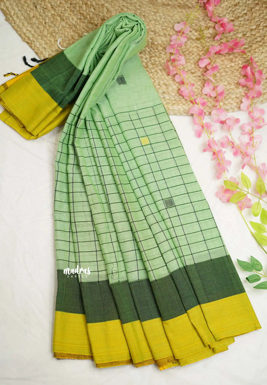 Thaara - 100 count khadi cotton with half anf half checks border - Apple green