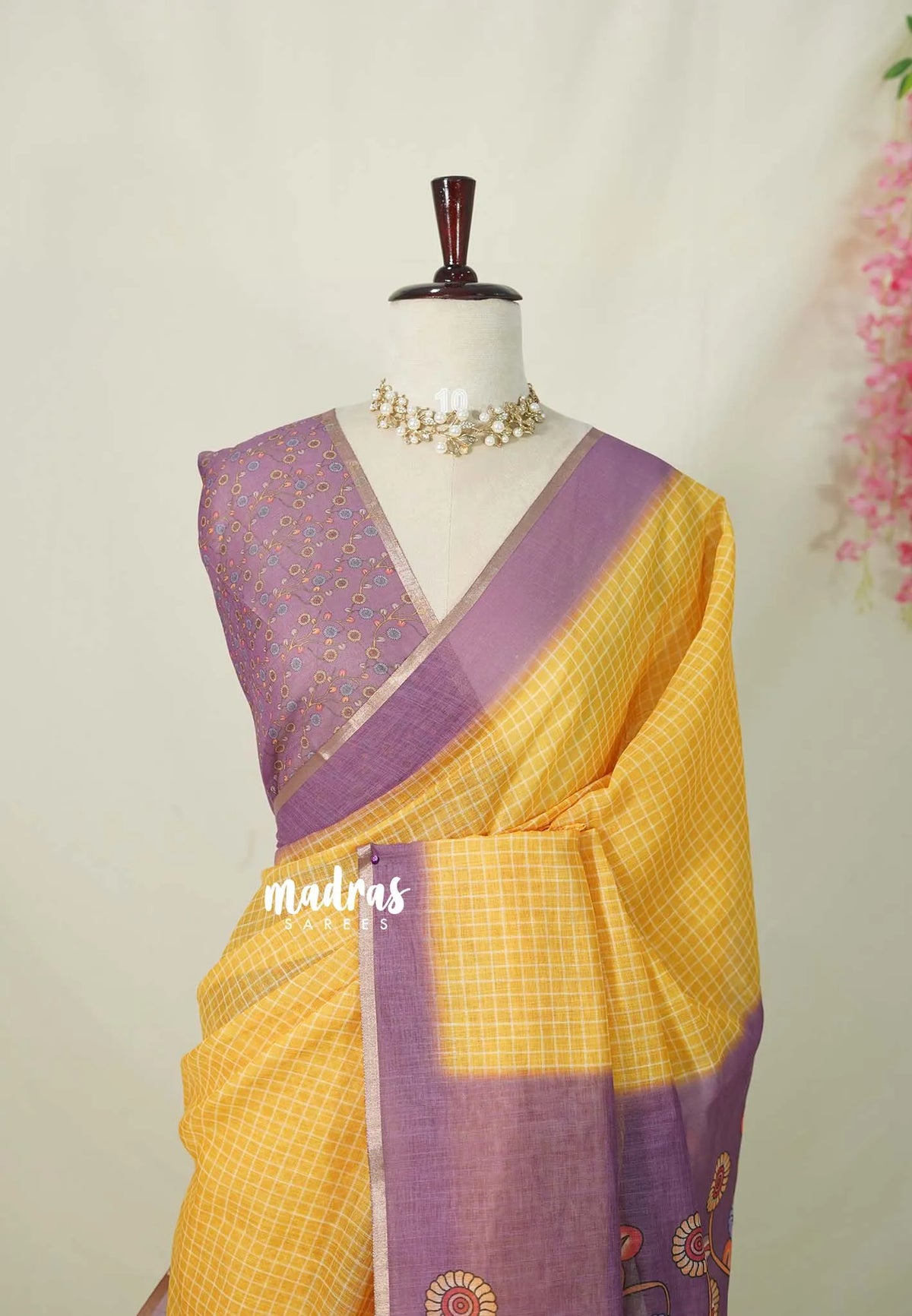 Mustard Yellow - Linen Cotton Saree Checks Body with Kalamkari Prints - Best for Office Wear