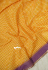 Mustard Yellow - Linen Cotton Saree Checks Body with Kalamkari Prints - Best for Office Wear