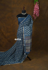 Greyish Blue - Soft linen cotton with Dabu Printed with Tiny Border - Perfect for Office Wear | corporate meetings | College