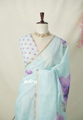 (PRE-BOOKING) Pastel Turquoise blue - Linen Cotton Saree with Flower Prints - Best for Office Wear | Casual Wear