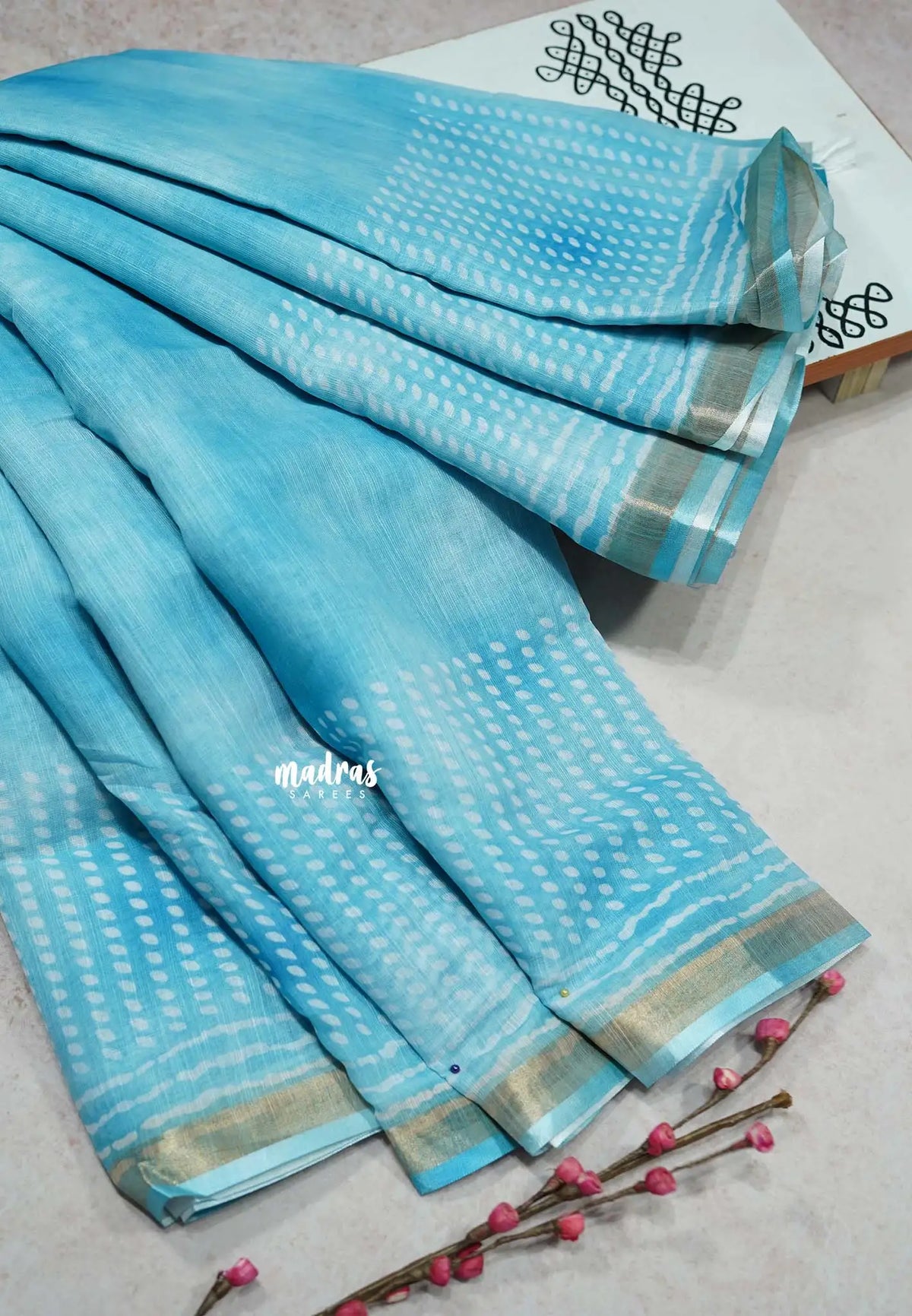 Sky Blue - Soft linen cotton with small zari border