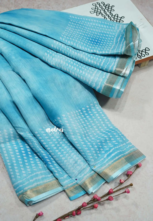 Sky Blue - Soft linen cotton with small zari border