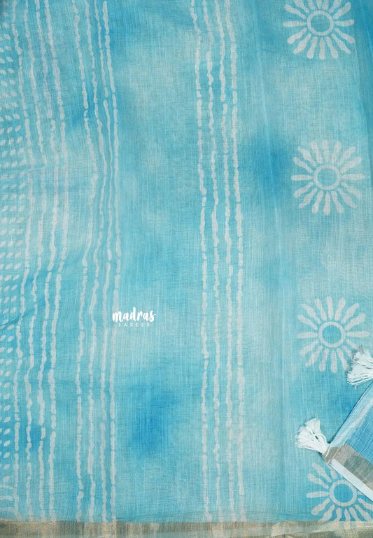 Sky Blue - Soft linen cotton with small zari border