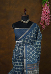 Greyish Blue - Soft linen cotton with Dabu Printed with Tiny Border - Perfect for Office Wear | corporate meetings | College
