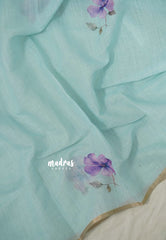 (PRE-BOOKING) Pastel Turquoise blue - Linen Cotton Saree with Flower Prints - Best for Office Wear | Casual Wear
