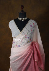 Blush Pink Ombre with Ivory Base - Linen Cotton Saree with Gradient Ombre tone and Floral Digital Prints - Perfect for Office Wear | Summer wear | Casual Wear