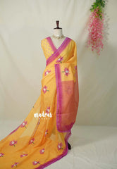 Pastel Yellow with Lace - Soft linen cotton saree with Lotus Prints with Lace Border - Perfect Office Wear | Casual Wear