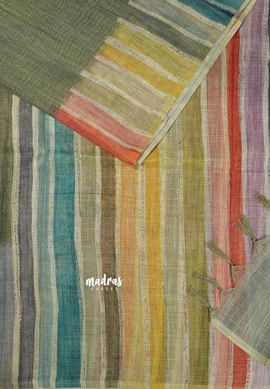 Olive Green - Soft linen cotton with multicolor pop border