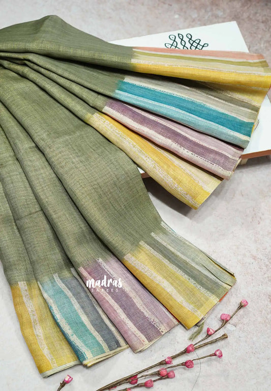 Olive Green - Soft linen cotton with multicolor pop border