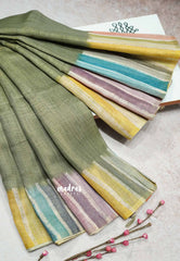 Olive Green - Soft linen cotton with multicolor pop border
