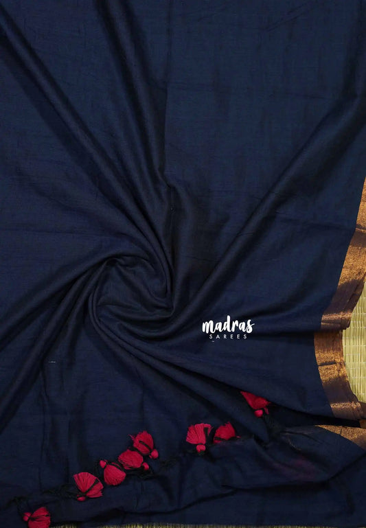 Deep navy - Babysoft Mul cotton with small zari border without blouse