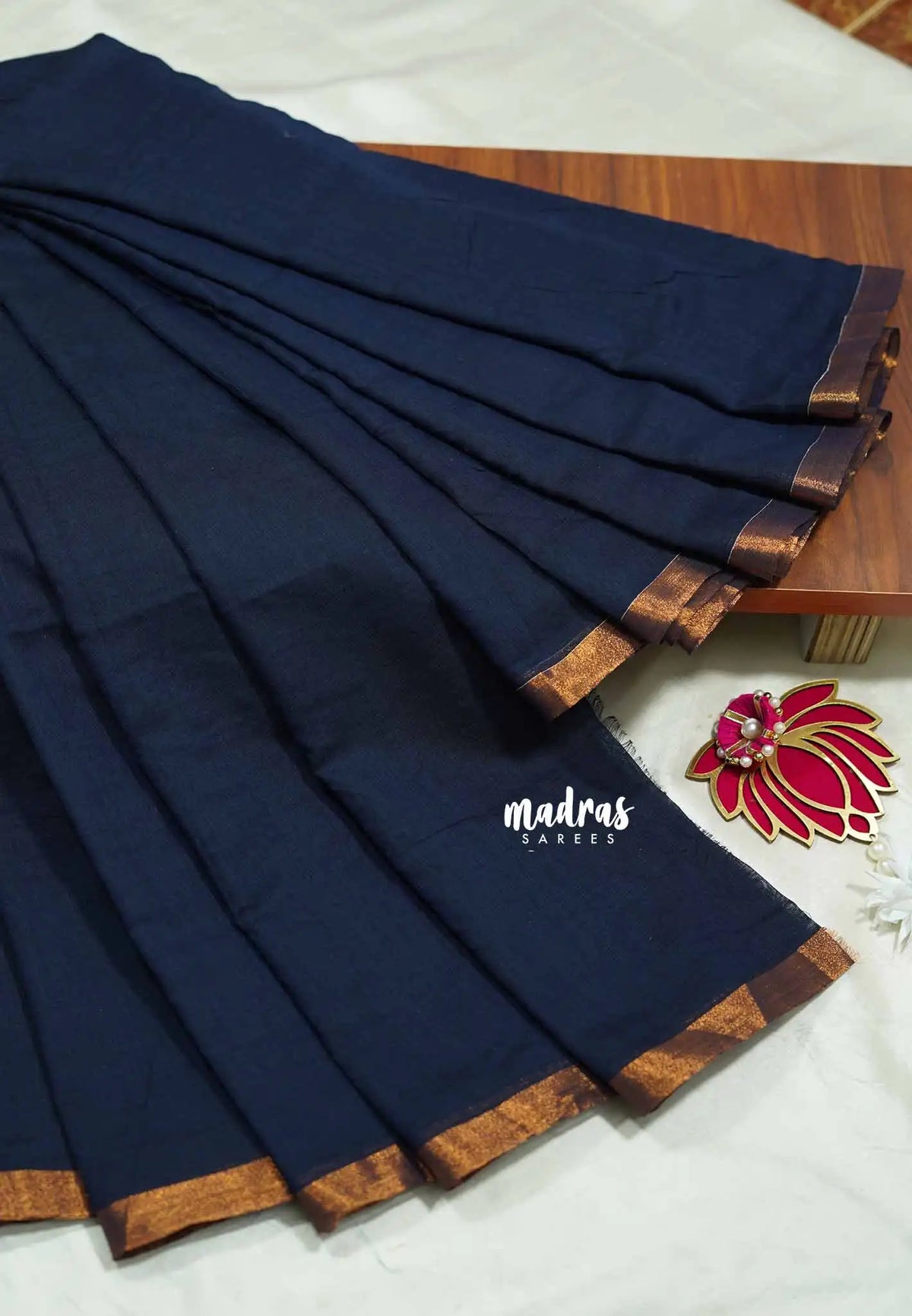 Deep navy - Babysoft Mul cotton with small zari border without blouse
