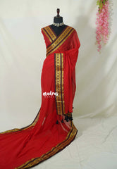 Tomato Red - Soft Mul cotton Plain Body with Mango Border - Perfect for Small Functions | summer wear | Casual wear