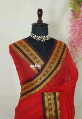 Tomato Red - Soft Mul cotton Plain Body with Mango Border - Perfect for Small Functions | summer wear | Casual wear