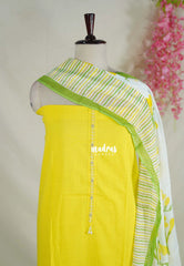 Amitha - Bright Greenish Yellow - Handspun Pure Cotton with Thread Sequins and zarodzi on yoke Salwar Material - Best for Office Wear