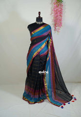 Black & Rainbow - Soft Mul cotton saree with rainbow border ( NO blouse )
