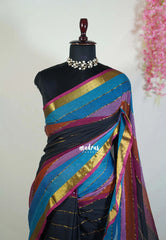 Black & Rainbow - Soft Mul cotton saree with rainbow border ( NO blouse )