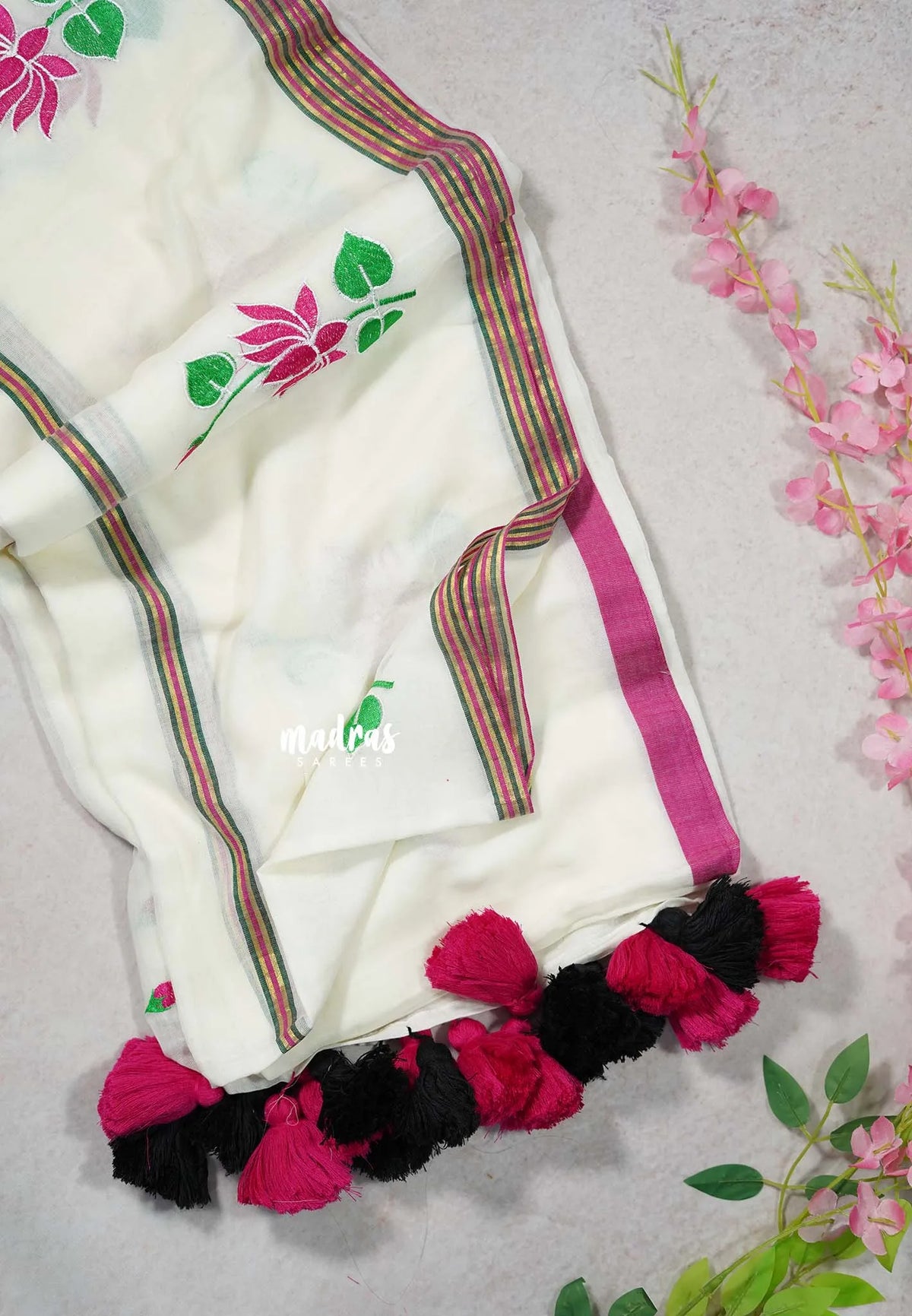 Ivory White - Soft Mul Cotton Saree with Divine Lotus Embroidery work - Perfect for Office Wear | summer wear | Casual wear