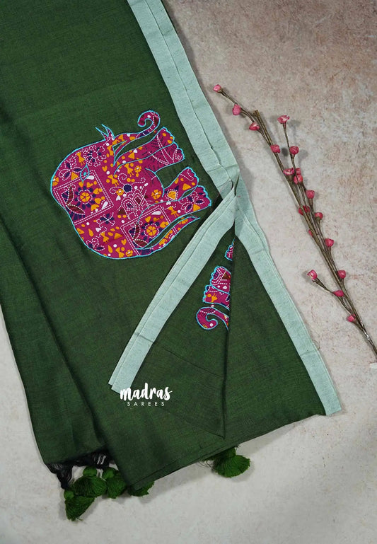 Sap Green - Soft Mul Cotton appliqué elephant motif Design 1