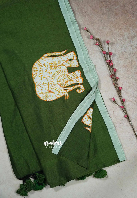 Sap Green - Soft Mul Cotton appliqué elephant motif Design 3