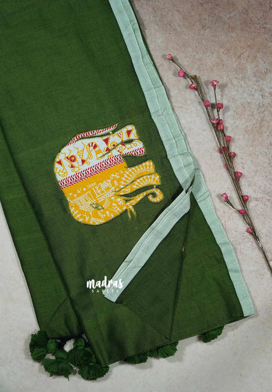 Sap Green - Soft Mul Cotton appliqué elephant motif Design 4