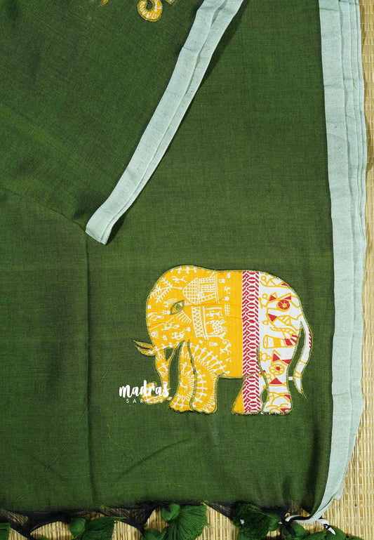 Sap Green - Soft Mul Cotton appliqué elephant motif Design 4