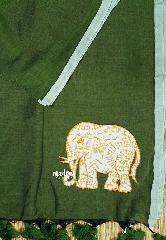 Sap Green - Soft Mul Cotton appliqué elephant motif Design 3