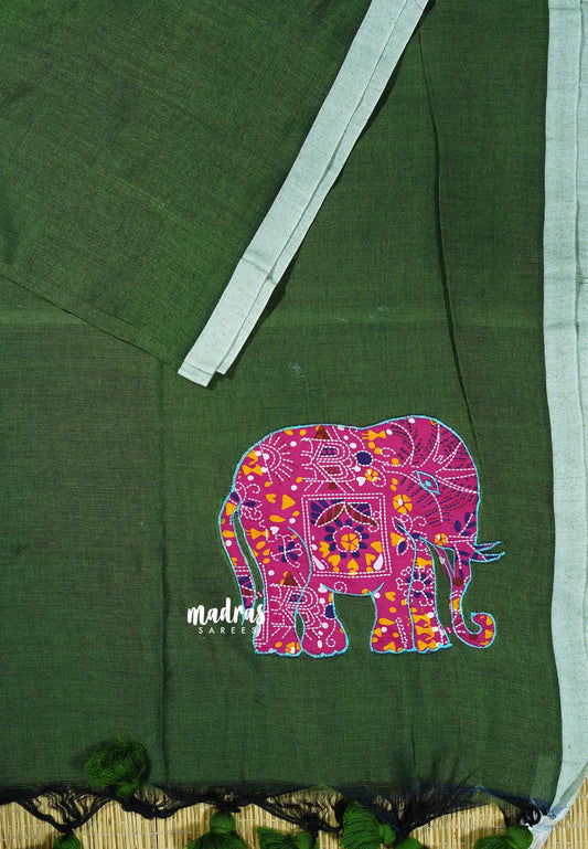 Sap Green - Soft Mul Cotton appliqué elephant motif Design 1