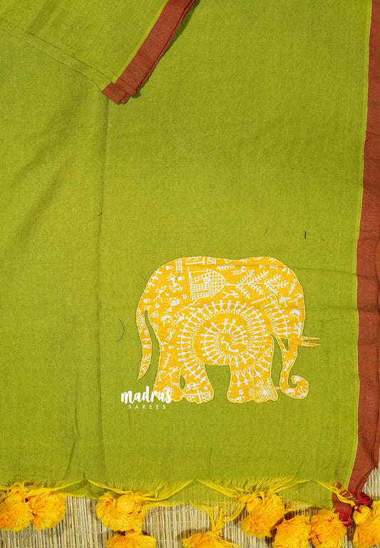 Chutney Green - Soft Mul Cotton appliqué elephant motif Design 1