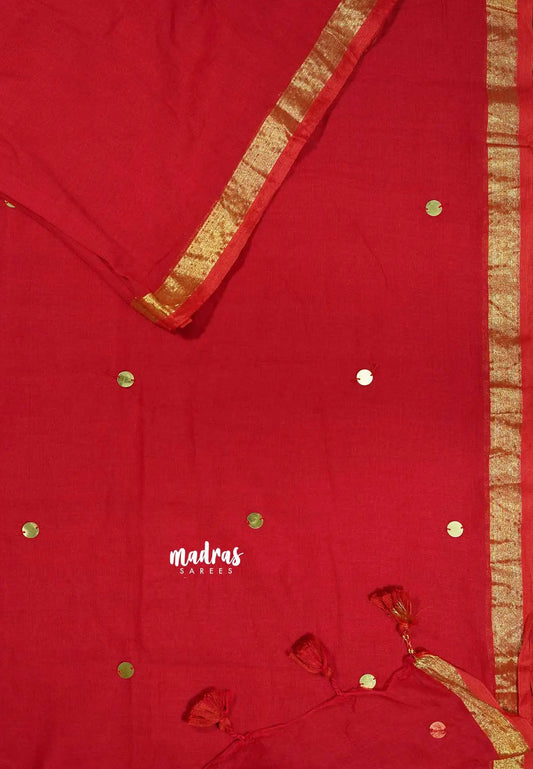 Chilli Red - Soft Mul Cotton Saree with Gini work