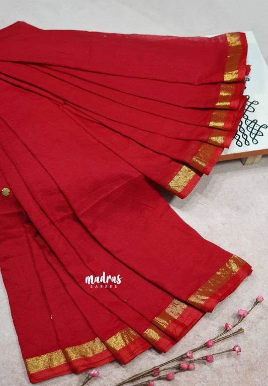 Chilli Red - Soft Mul Cotton Saree with Gini work