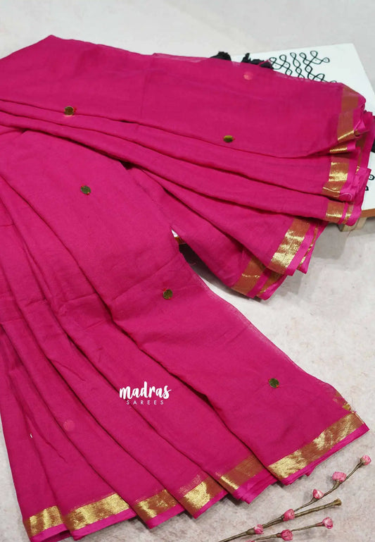 Rani Pink - Soft Mul Cotton Saree with Gini work