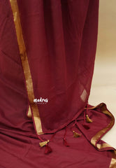 Majestic Maroon - Handspun soft Mul Cotton with Gold Zari Border and Ajrakh blouse combo - Best for Daily Wear
