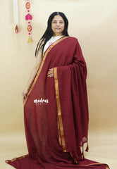 Majestic Maroon - Handspun soft Mul Cotton with Gold Zari Border and Ajrakh blouse combo - Best for Daily Wear