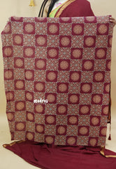 Majestic Maroon - Handspun soft Mul Cotton with Gold Zari Border and Ajrakh blouse combo - Best for Daily Wear